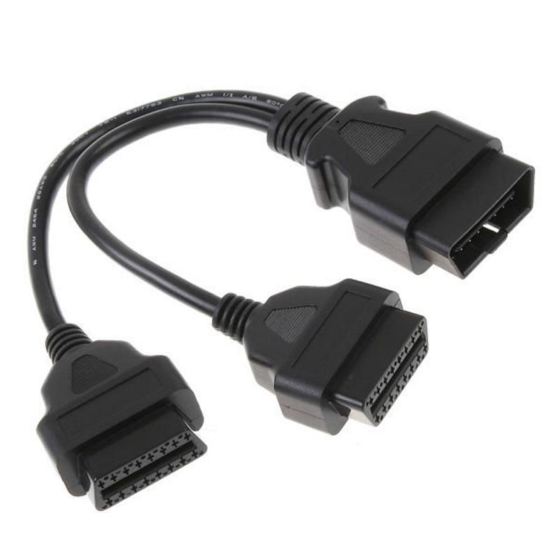 16Pin OBD2 OBDII Splitter Extension Cable Connector 1 Male to 2 Dual Female Y Cables 30CM