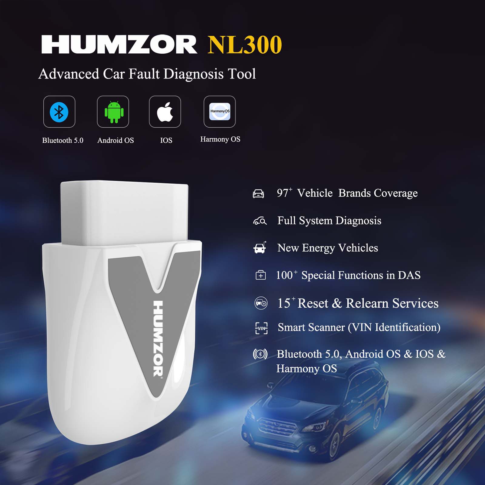 2022 Newest Humzor NEXZSCAN NL300 Full Version with OBD Diagnoses ECU Coding OBD2 Code Reader and Multi-Reset Functions Free Software Update